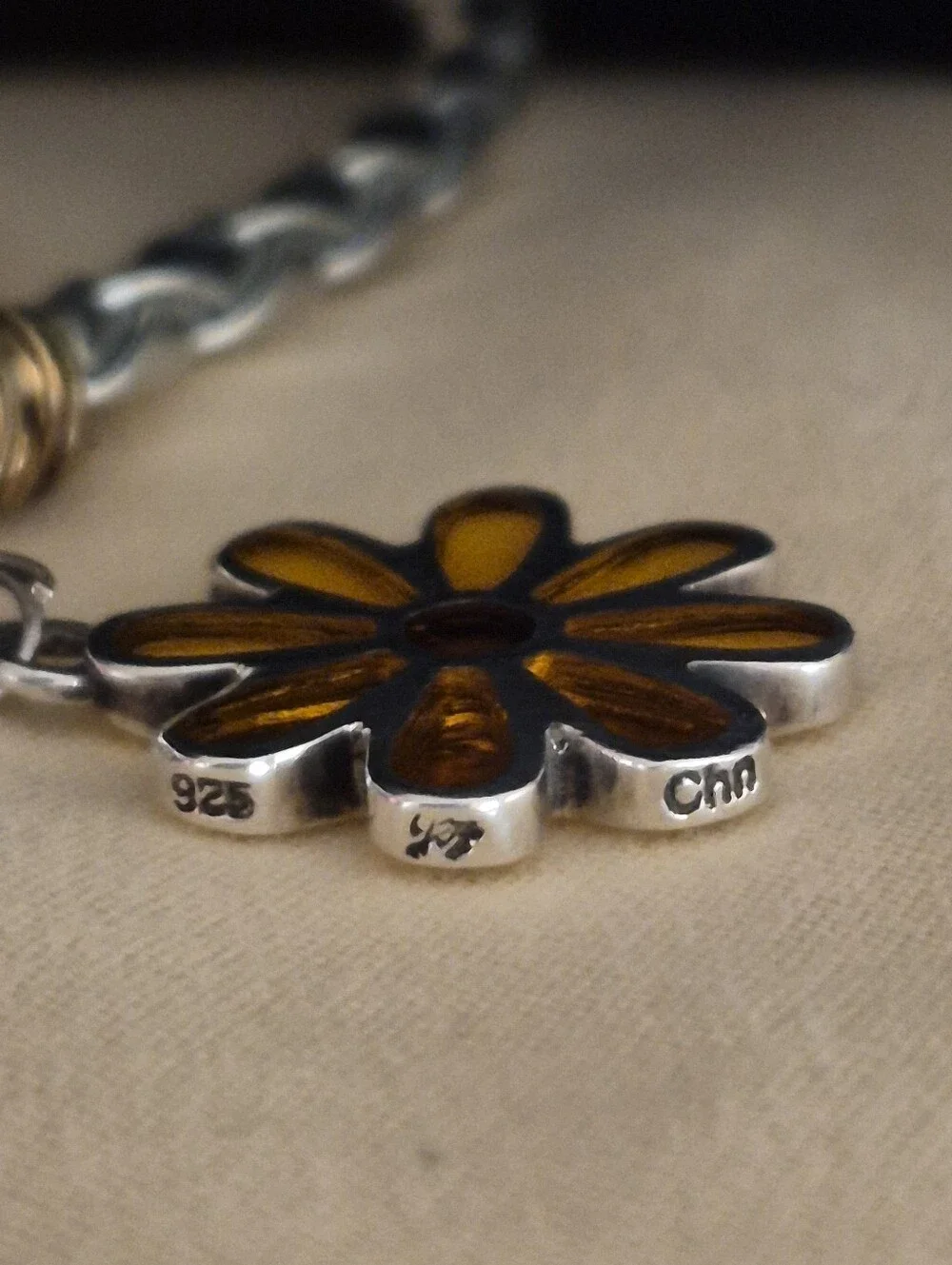 Handmade Sterling Silver Yellow Glass Inlay Daisy Pendant Leather Chain Choker